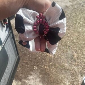 Black and White Polka Dot Bow Clip with Pink Gem Center